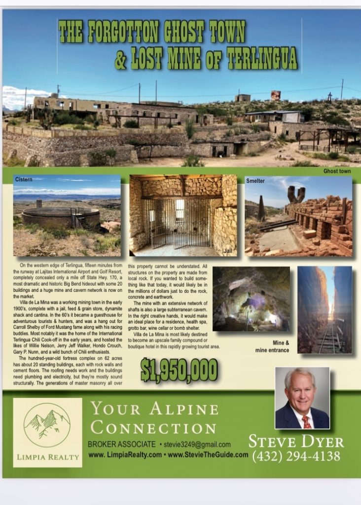 Texas Ghost Town For Sale - Villa de la Mina Also Has a Cave Network agent flyer
